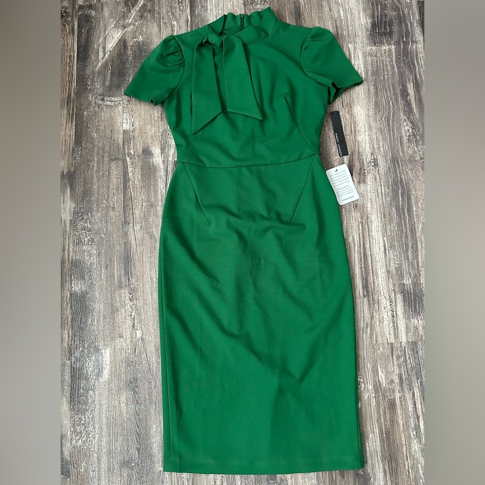 NWT Maggy London Women’s Short Sleeve Neck Tie Green Midi Dress Size 2